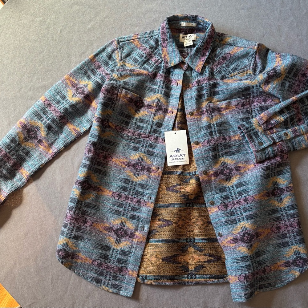 Ariat Blue and Brown Lightweight Shirt Jacket with Geometric Print